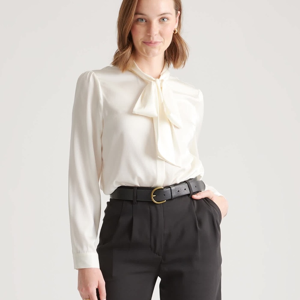 Quince Silk Ivory Tie-Neck Blouse